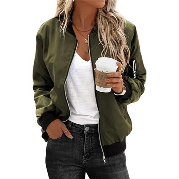 Jackets & Blazers - Women's Bomber Jacket Casual Coat Zip Up Outerwear Windbreaker